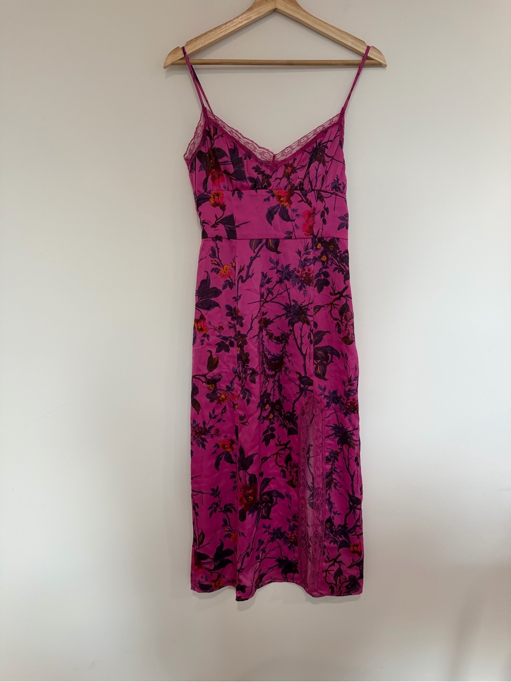 Urban Outfitters Fuchsia Floral Lace-Trim Midi Slip Dress